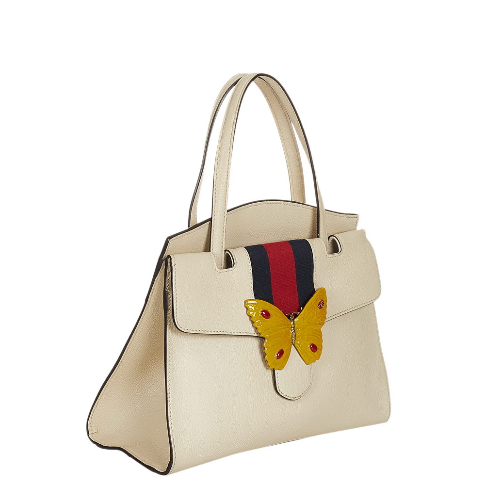 

Gucci White Leather Web Linea Butterfly Totem Medium Satchel Bag