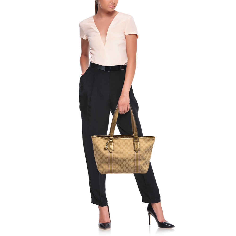 

Gucci Gold/Beige GG Canvas Medium Web Jolicoeur Tote