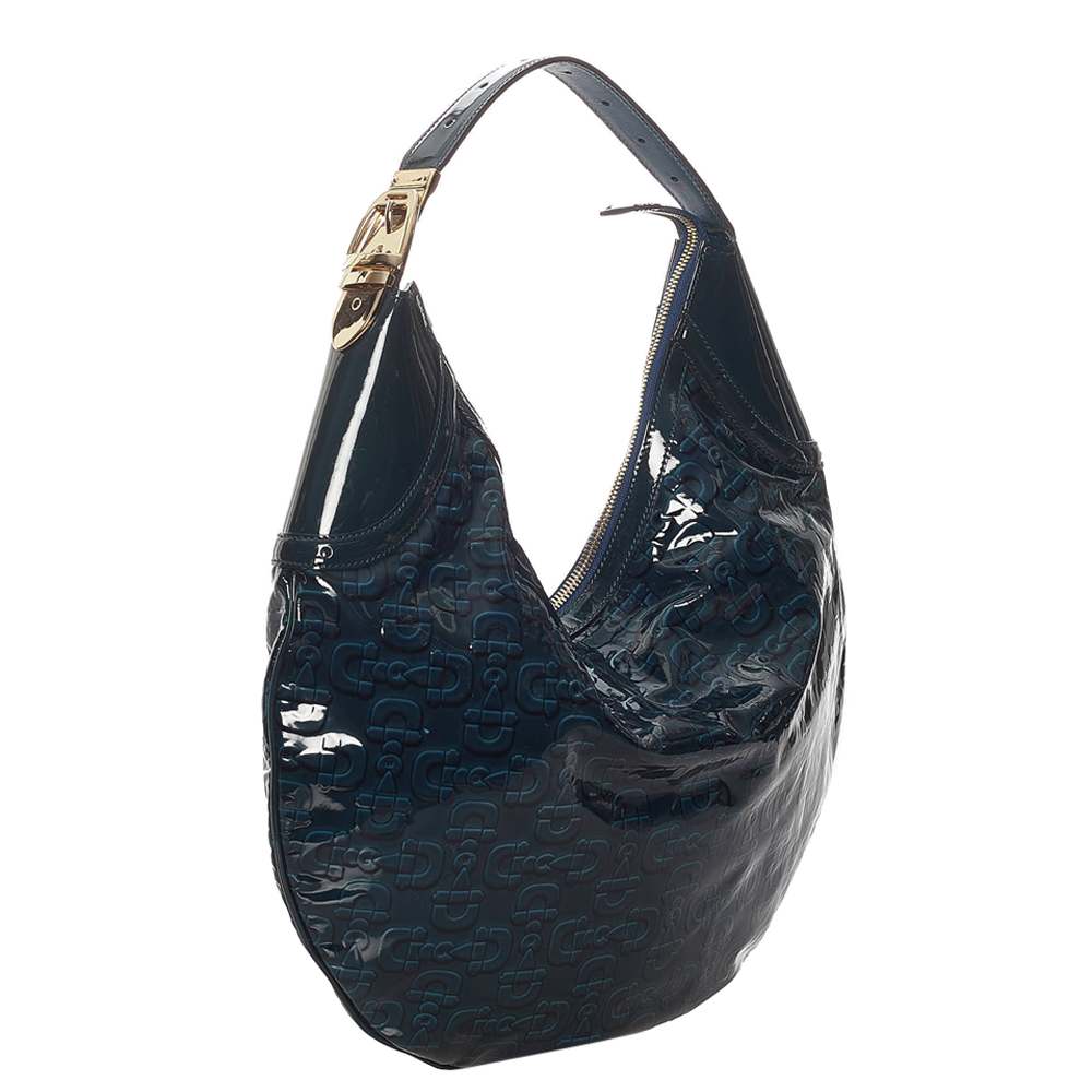 

Gucci Blue Patent Leather Glam Horsebit Hobo Bag