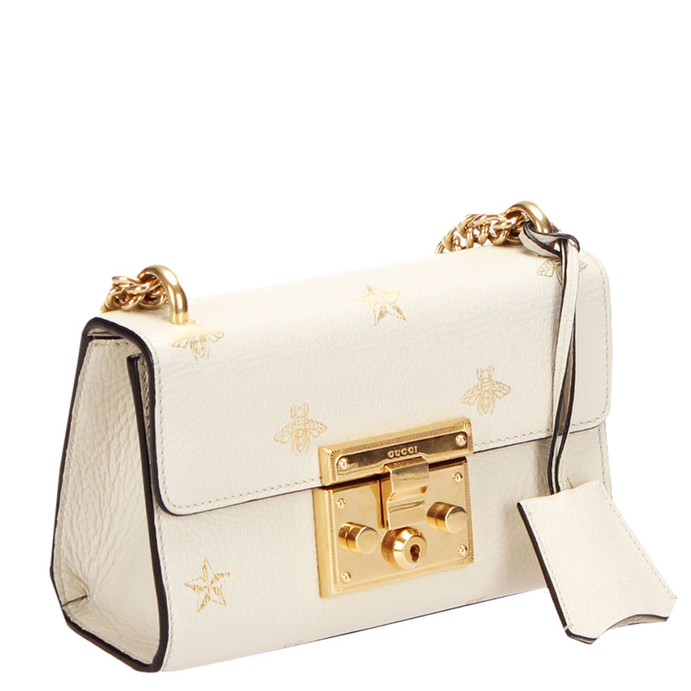 

Gucci White Leather Bee Star Padlock Small Crossbody Bag