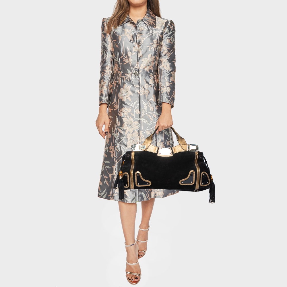 

Gucci Black Suede Bamboo Tassel Indy Satchel