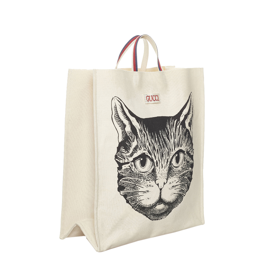 

Gucci White Print Cat Canvas Tote Bag, Black