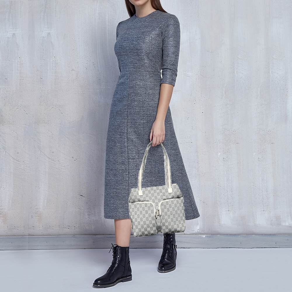 

Gucci Grey/White GG Canvas and Leather Double Pocket Tote
