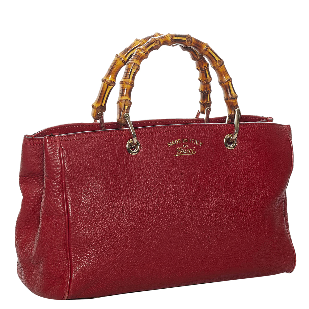 

Gucci Red Leather Bamboo Shopper Bag