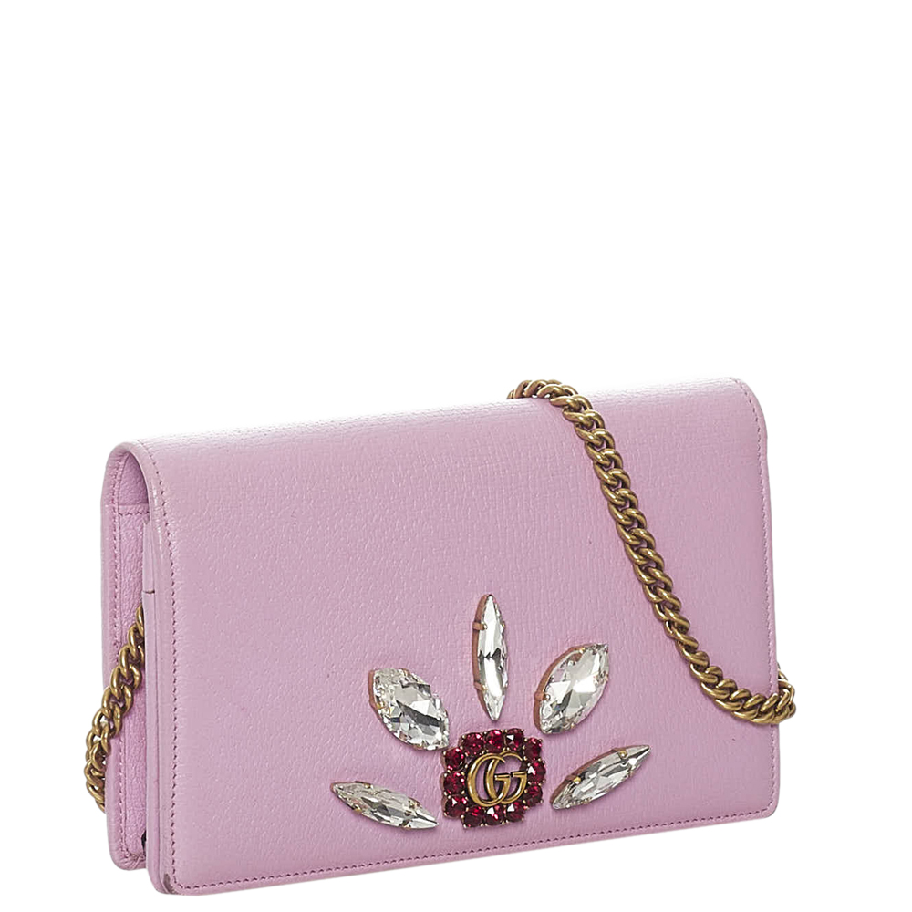 

Gucci Pink Leather Crystal Embellished Mini Chain Bag