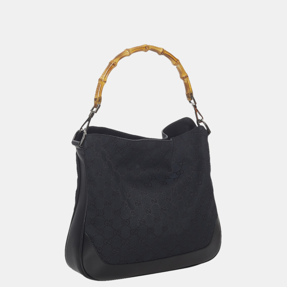 

Gucci Black GG Canvas Fabric Bamboo Satchel Bag