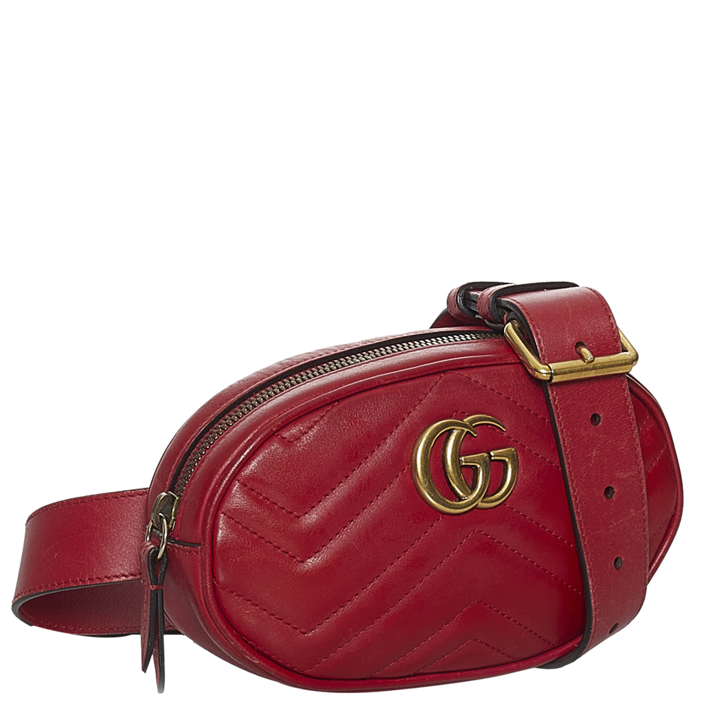 

Gucci Red Matelasse Leather GG Marmont Belt Bag