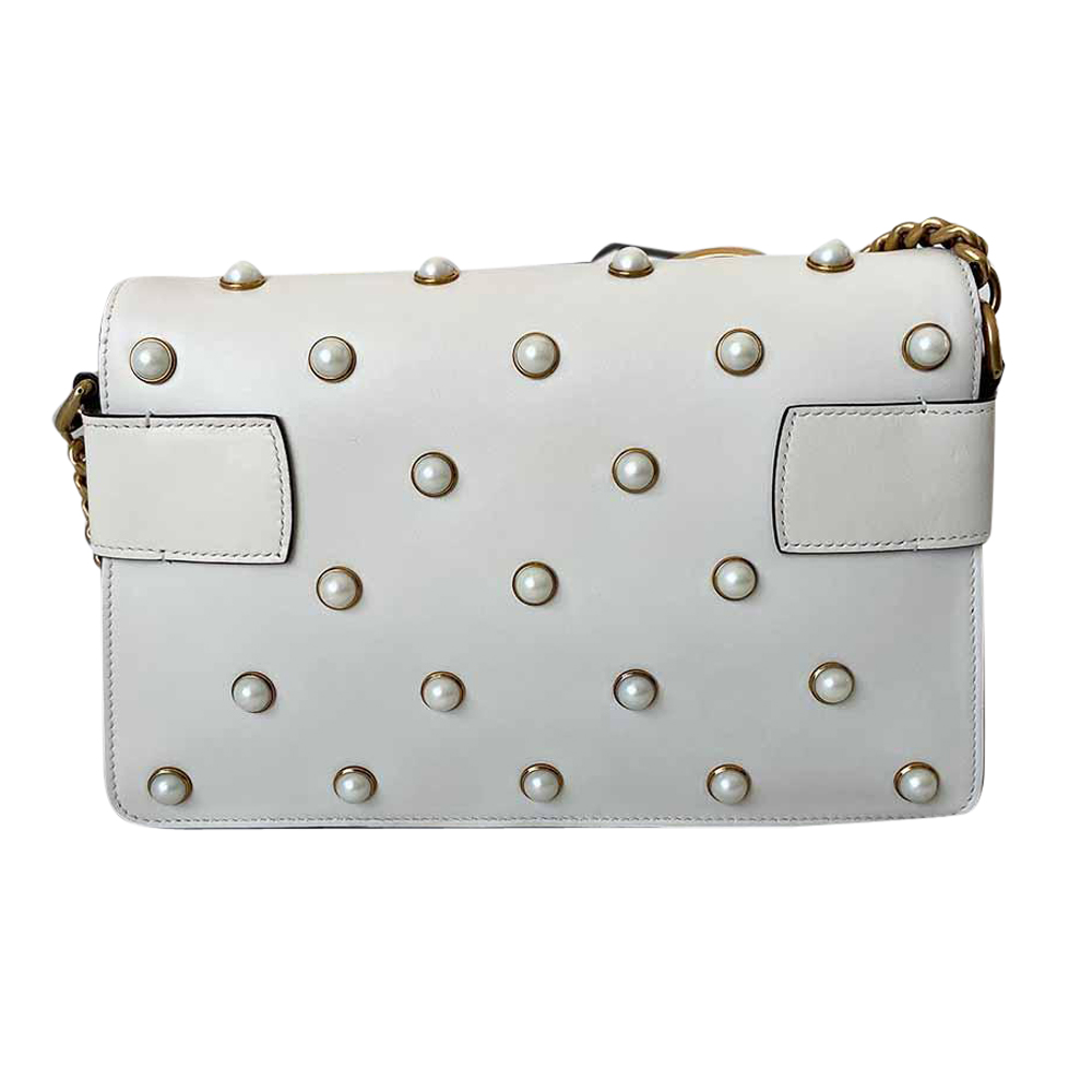 

Gucci White Leather Pearl Studded Mini Broadway Bee Shoulder Bag