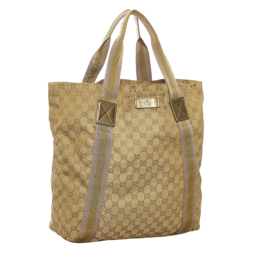 

Gucci Brown/Beige GG Canvas Fabric Web Tote Bag