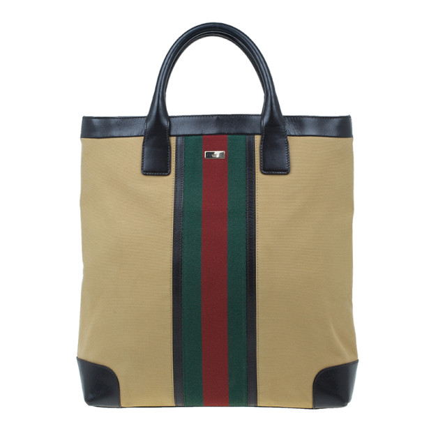 Gucci Beige Canvas and Leather Vertical Web Tote
