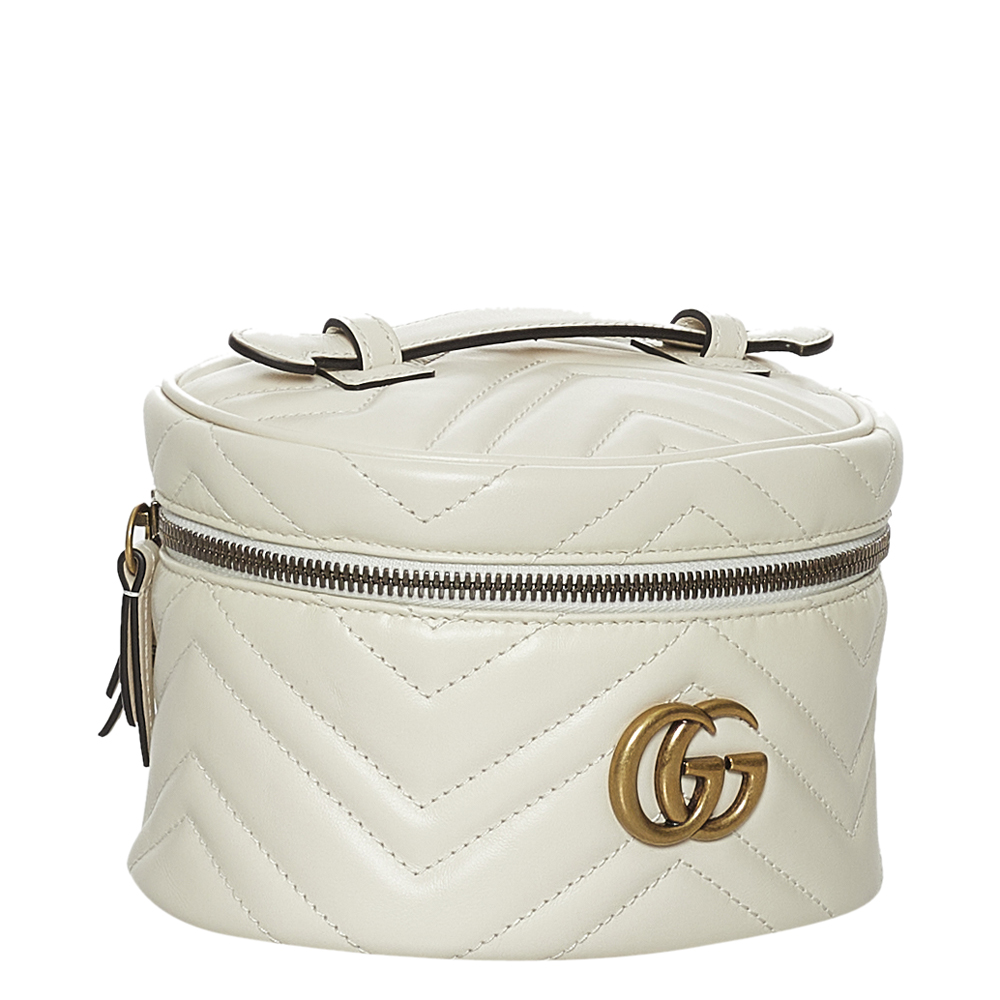 

Gucci White Matelassé Leather Mini GG Marmont Round Backpack