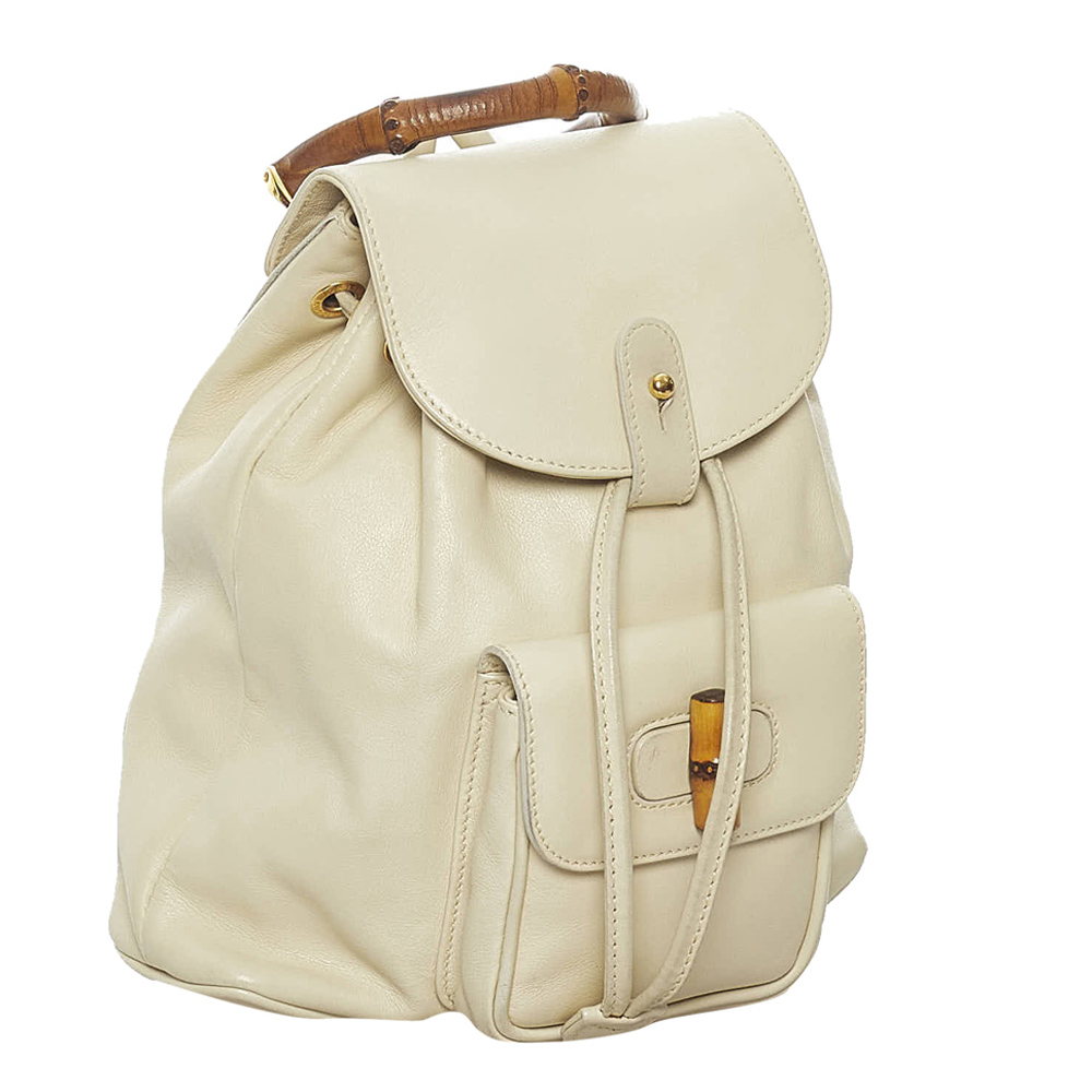 

Gucci White Leather Bamboo Drawstring Backpack