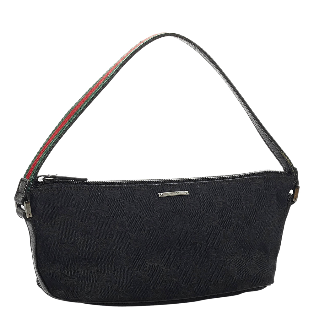 

Gucci Black Canvas Fabric Leather Web Boat Top Handle Bag