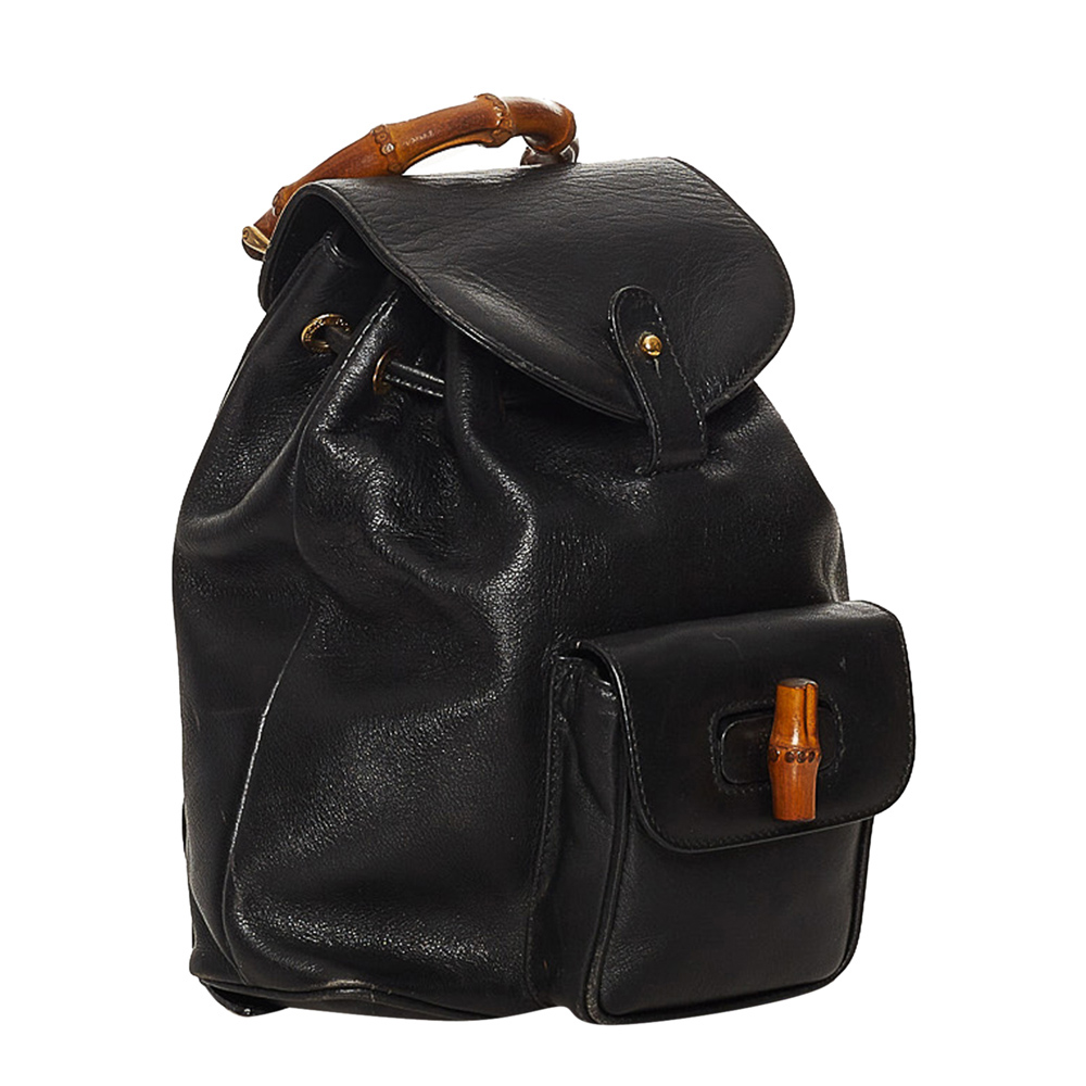 

Gucci Black Leather Bamboo Drawstring Backpack