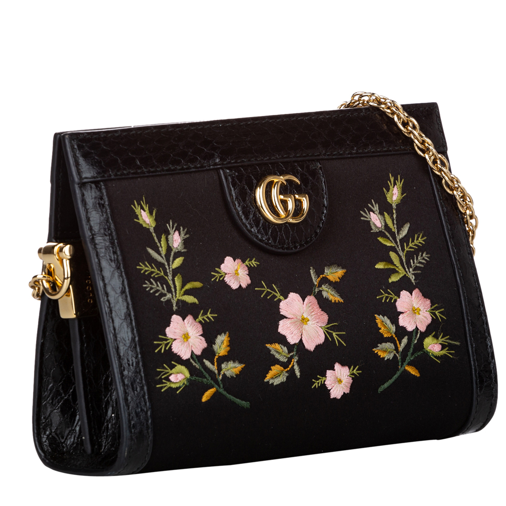 

Gucci Black Floral Embroidered Satin Ophidia Chain Bag