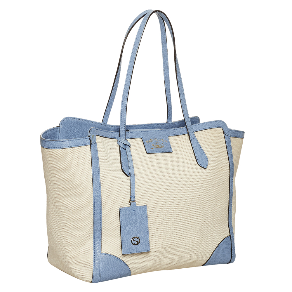 

Gucci White/Blue Leather and Canvas Swing Bag