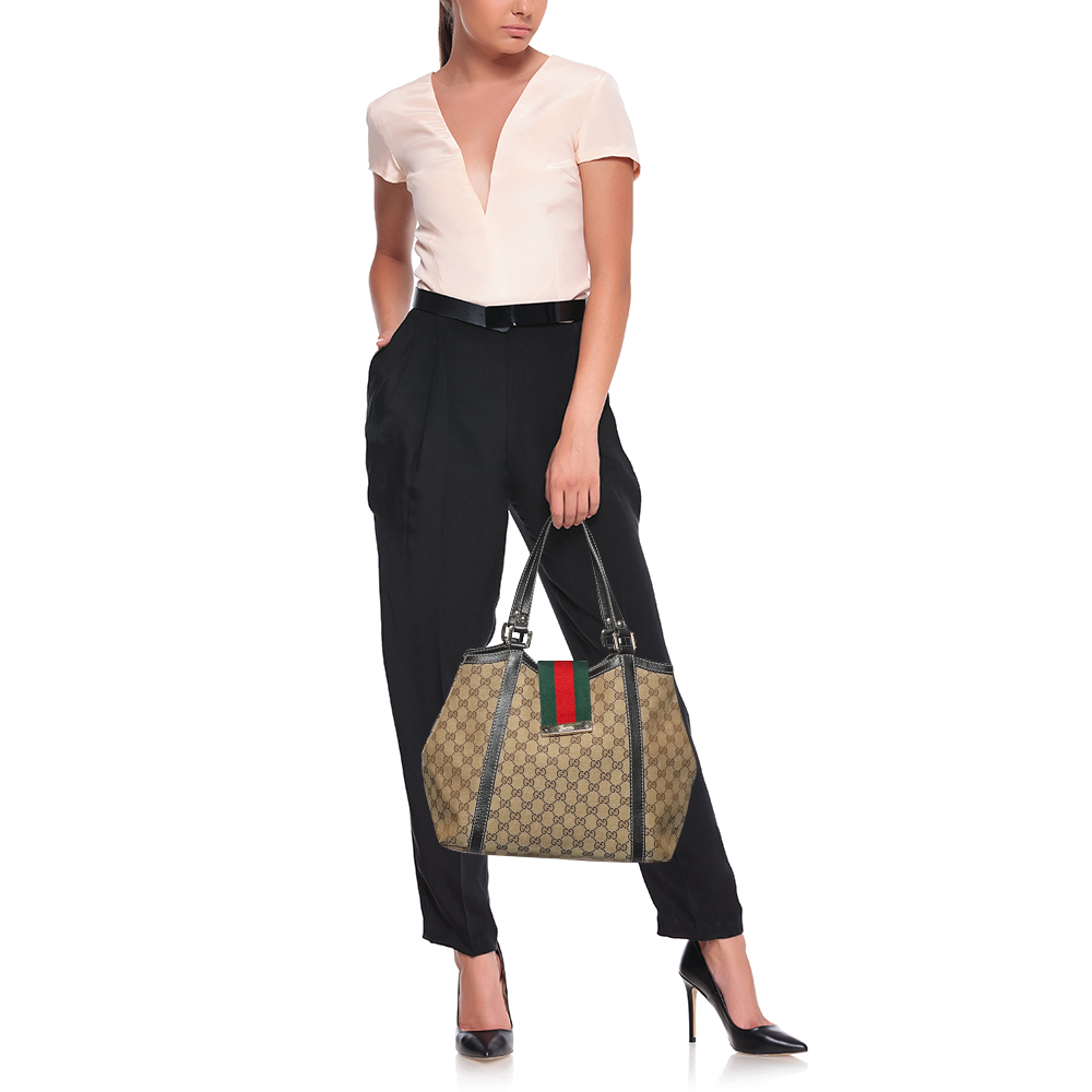 

Gucci Beige/Black GG Canvas And Leather Medium New Ladies Web Tote