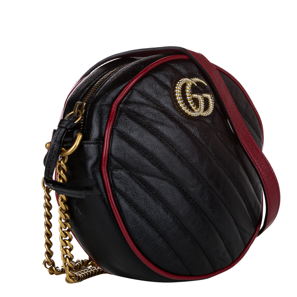 

Gucci Black Matelassé Leather GG Marmont Round Mini Shoulder Bag