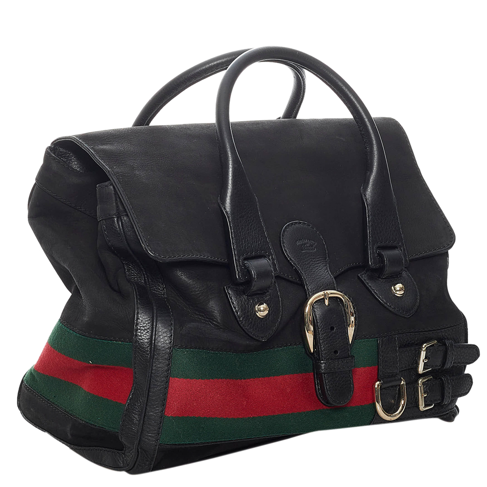 

Gucci Black Nukbuck Leather Heritage Web Tote Bag