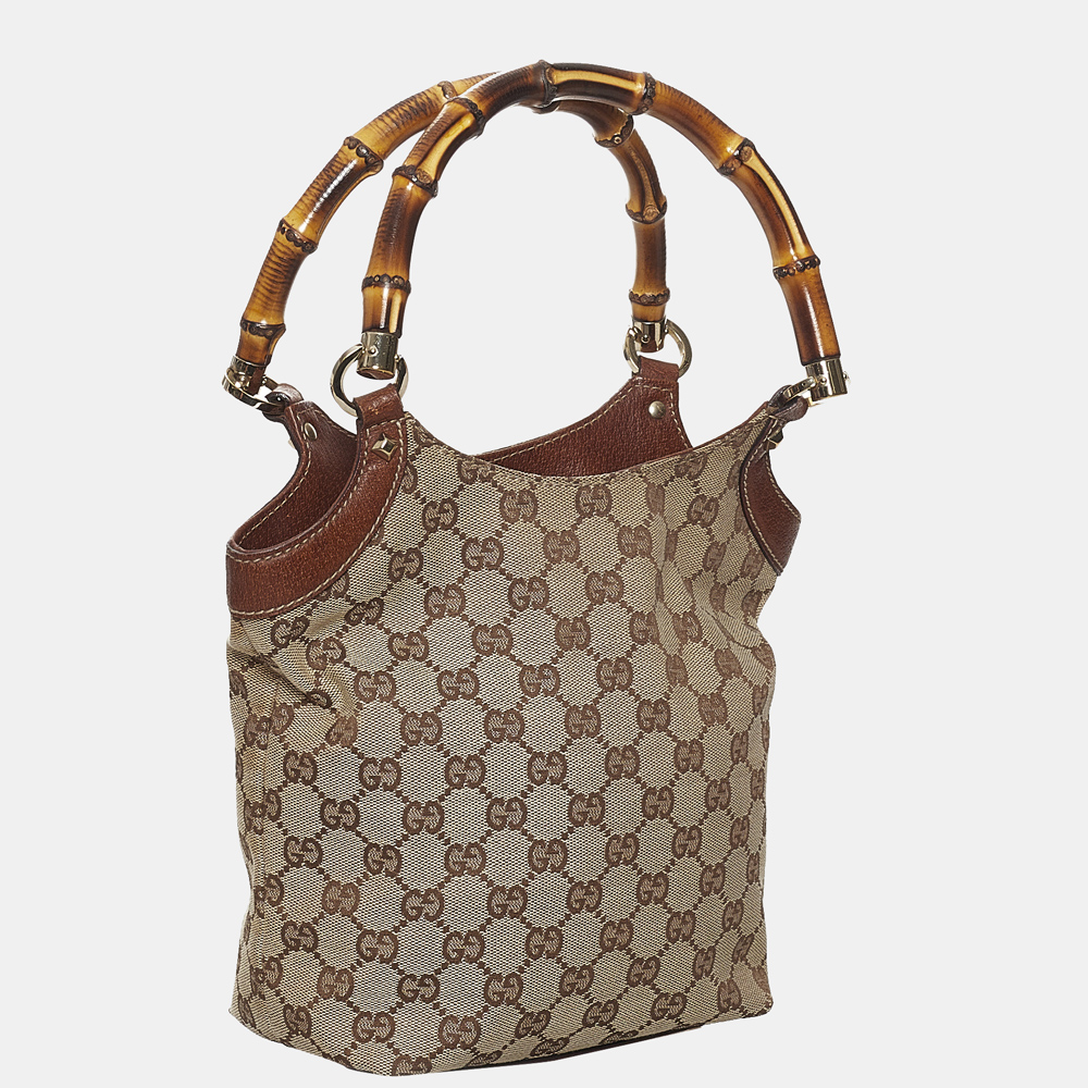 

Gucci Brown/Beige GG Canvas Fabric Bamboo Tote Bag