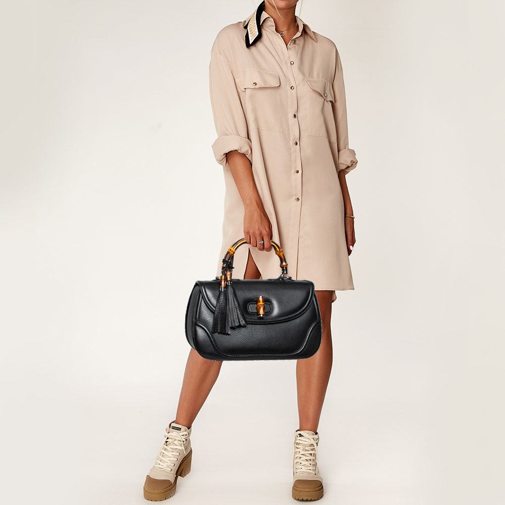

Gucci Black Leather New Bamboo Tassel Top Handle Bag