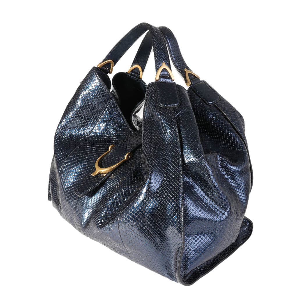 

Gucci Blue Python Leather Shiny Large Stirrup Hobo Bag