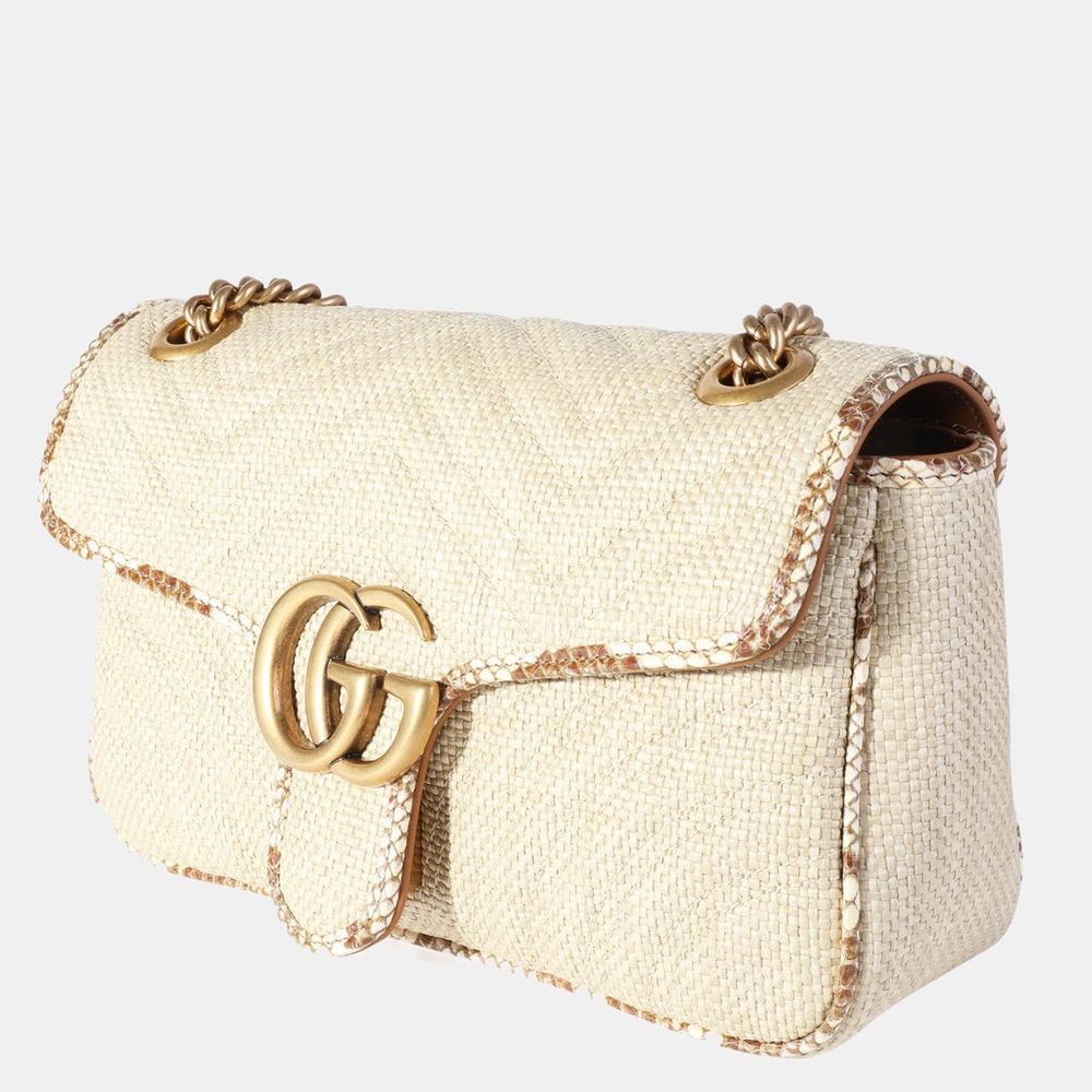

Gucci Natural Raffia & Python Trim Leather GG Marmont Small Shoulder Bag, White