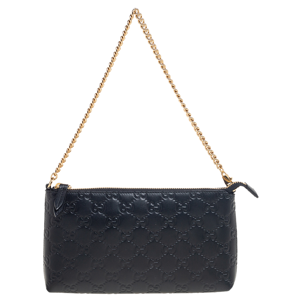 Pre Owned Gucci Black Guccissima Leather Wristlet Zip Chain Clutch