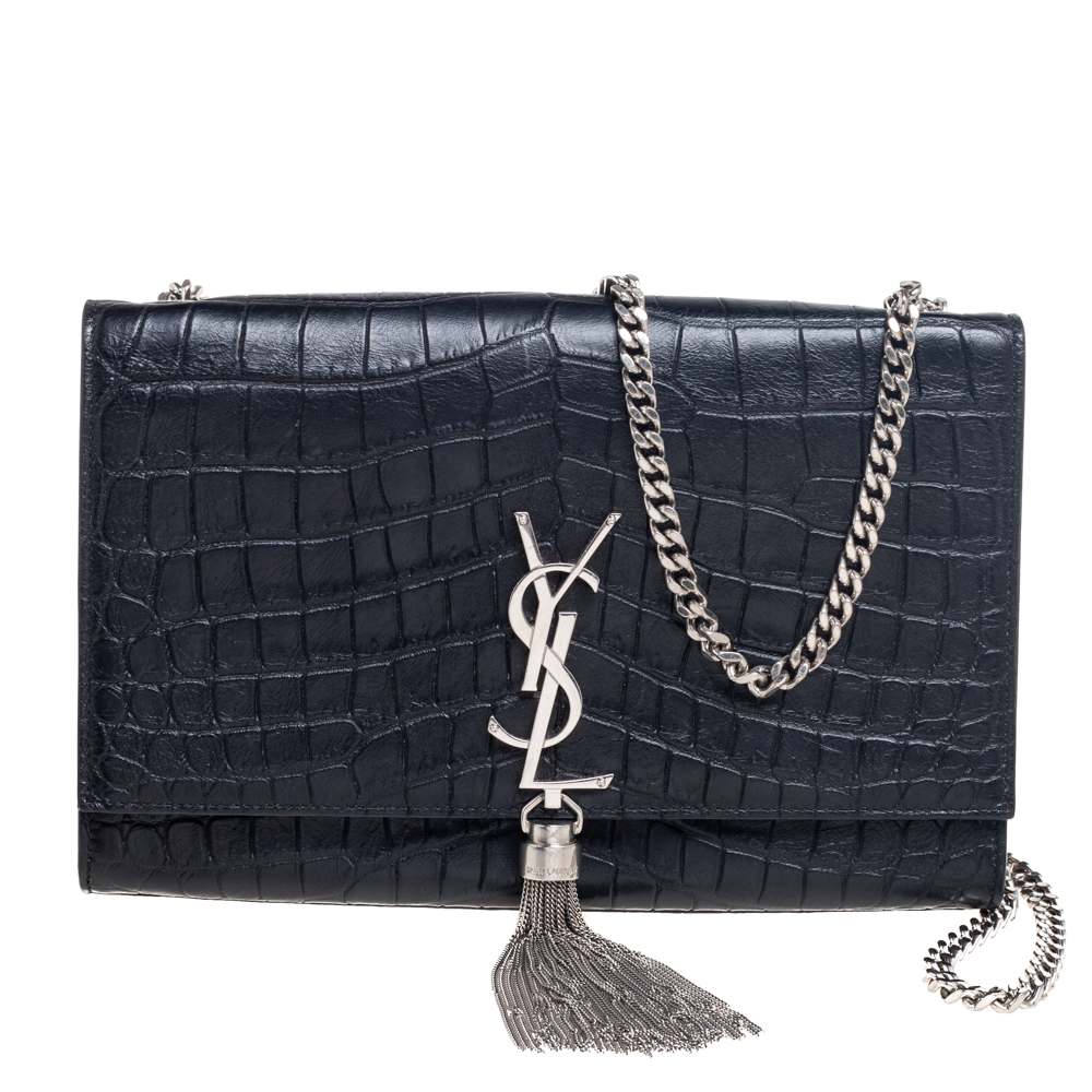 Pre-owned Saint Laurent Black Croc Embossed Leather Medium Kate Shoulder Bag