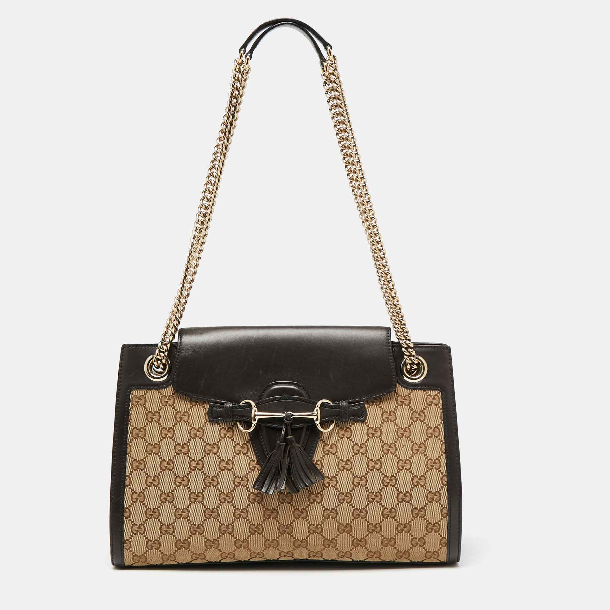 Pre-owned Gucci Beige/brown Gg Canvas And Leather Large Emily Chain ...