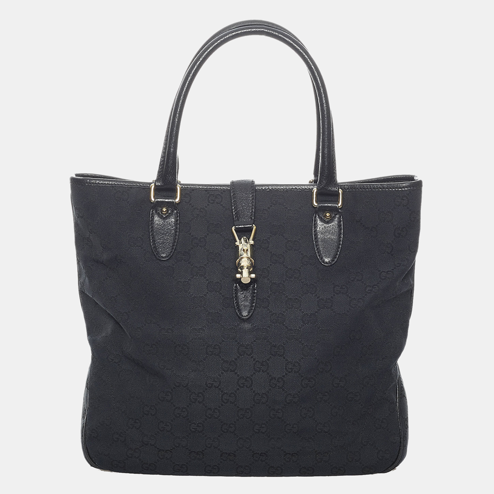 Pre-owned Gucci Black Gg Canvas Jackie Piston Lock Tote Bag | ModeSens