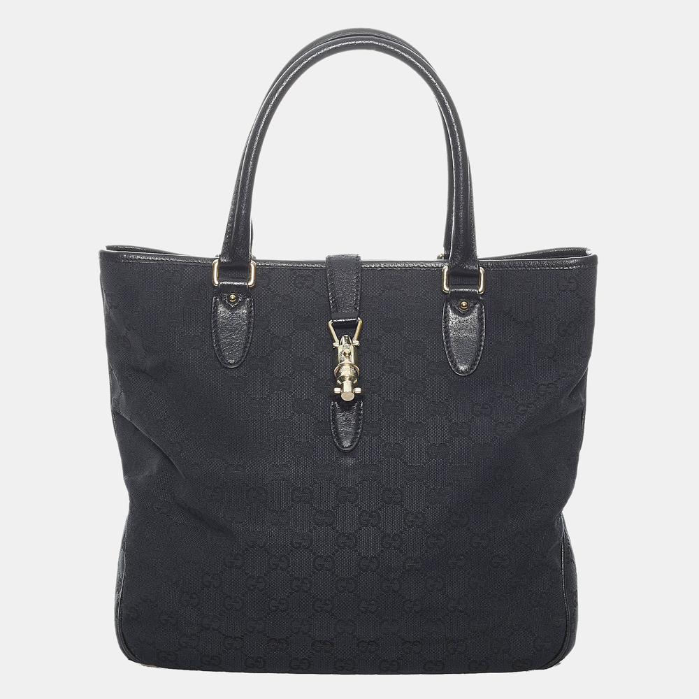 Preowned Gucci Black Gg Canvas Jackie Piston Lock Tote Bag ModeSens