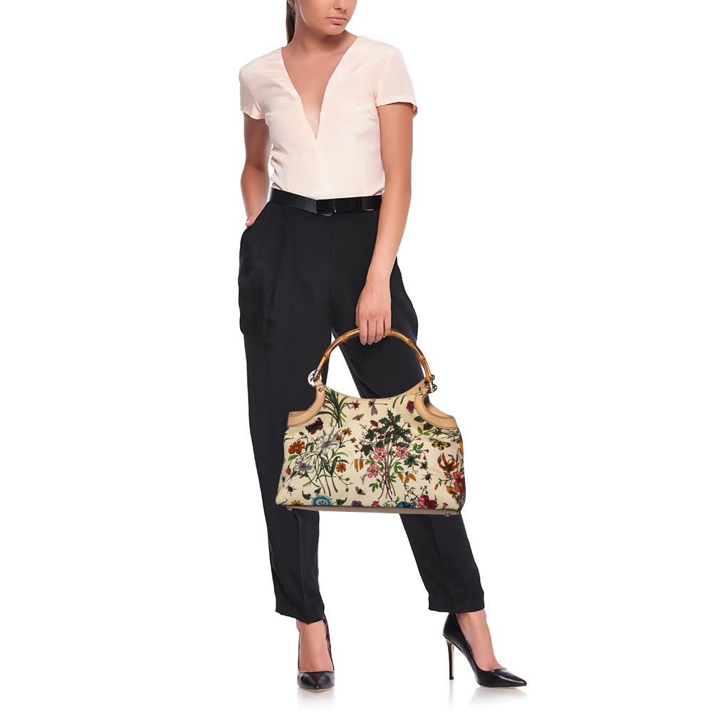 

Gucci Ivory/Beige Flora Print Canvas And Leather Bamboo Satchel, White