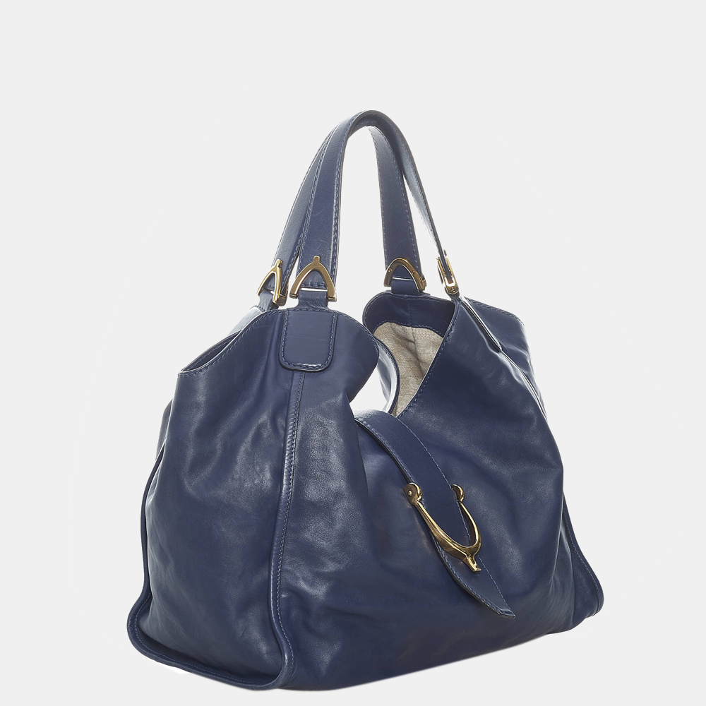 

Gucci Blue Calf Leather Stirrup Nubuck Tote Bag