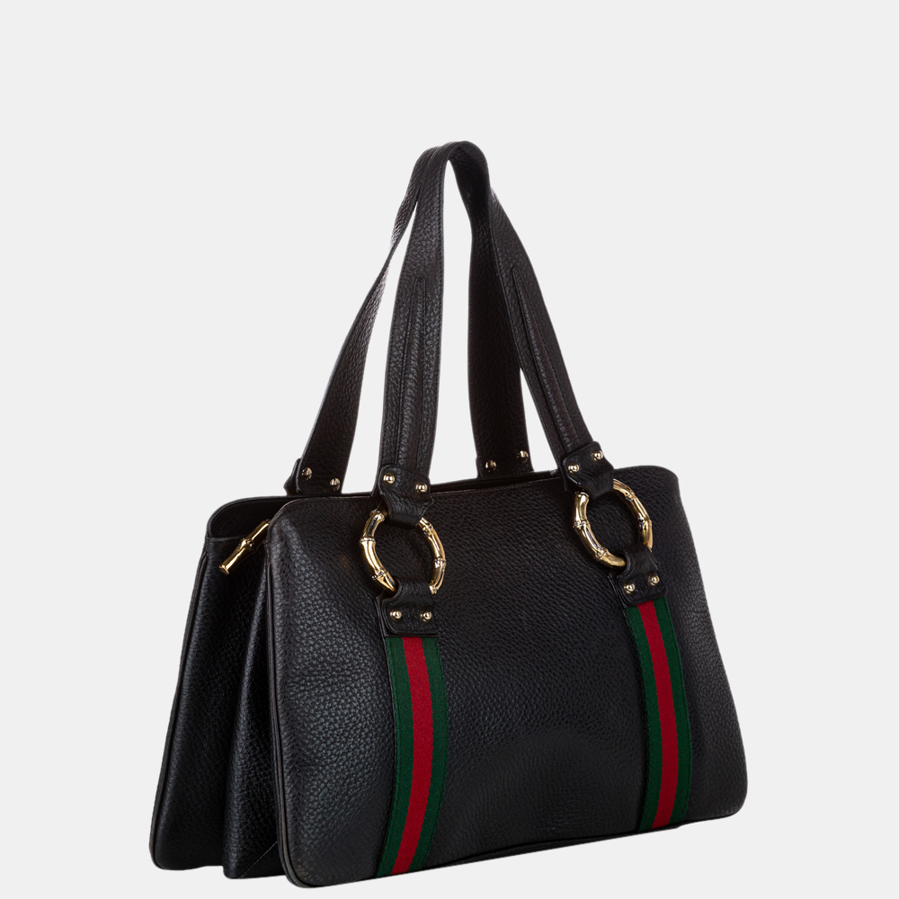 

Gucci Black Bamboo Ring Web Leather Tote Bag
