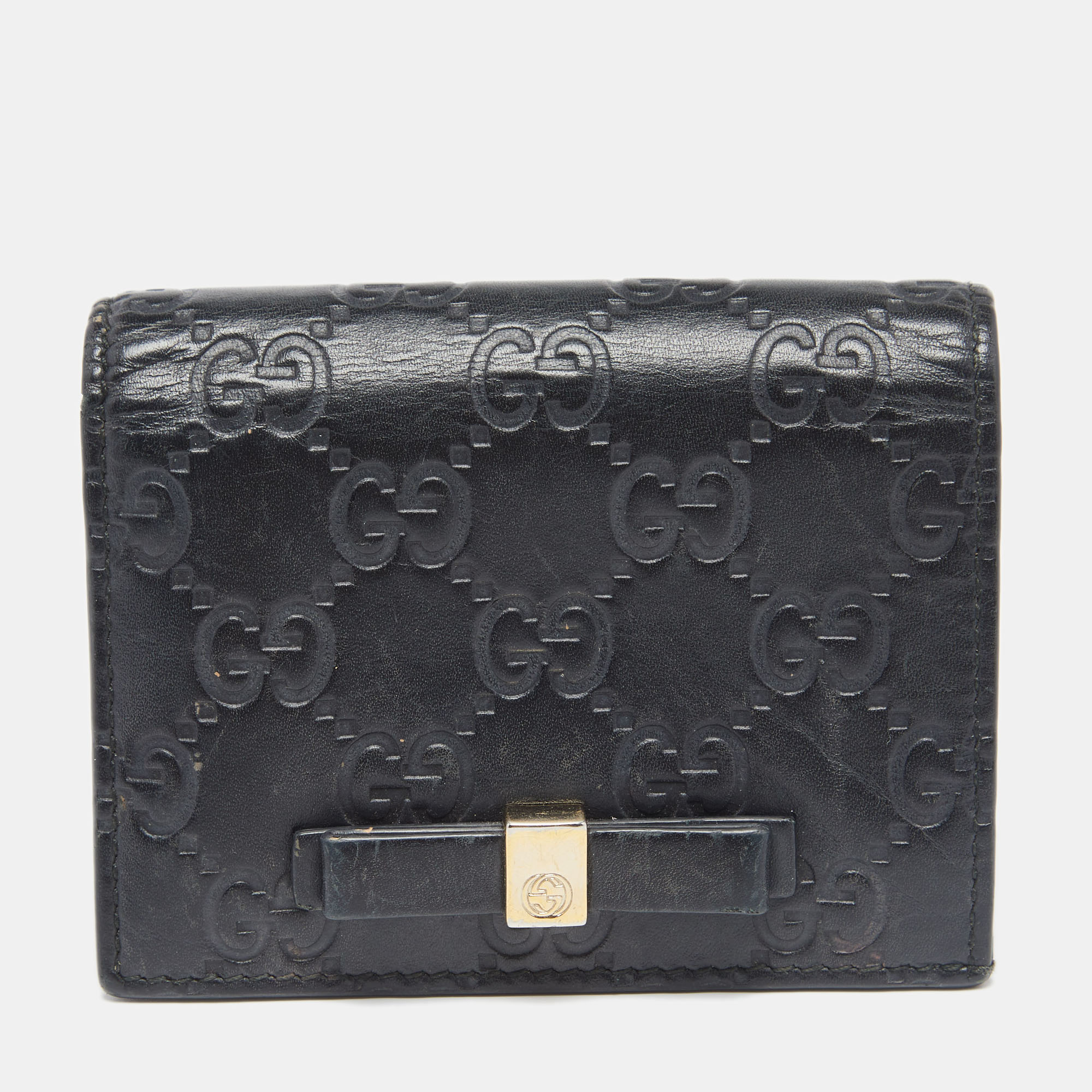 Pre-owned Gucci Ssima Leather Bow Flap Card Case In Black