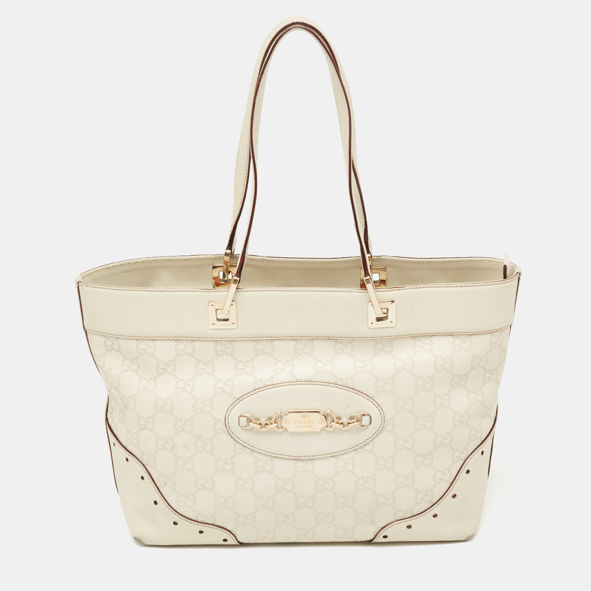 Pre-owned Gucci Ssima Leather Medium Punch Tote In White