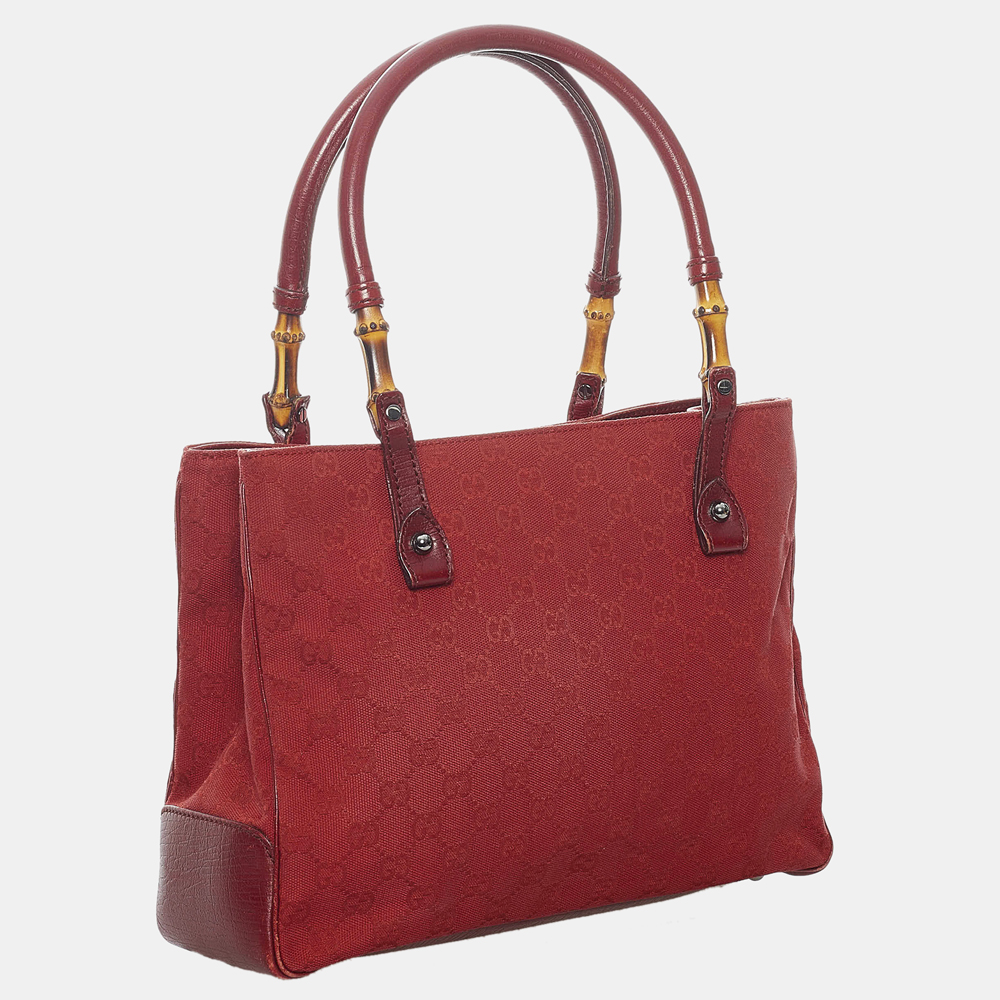

Gucci Red GG Canvas Bamboo Tote