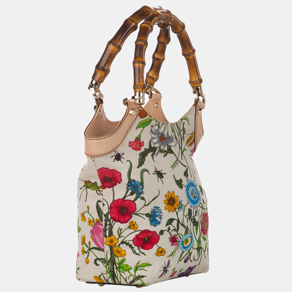 

Gucci White/Multi Bamboo Flora Canvas Handbag, Multicolor