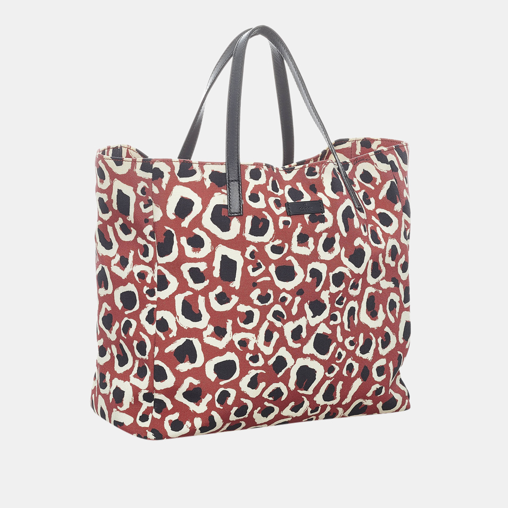 

Gucci Red Leopard Printed Nylon Tote Bag, Multicolor