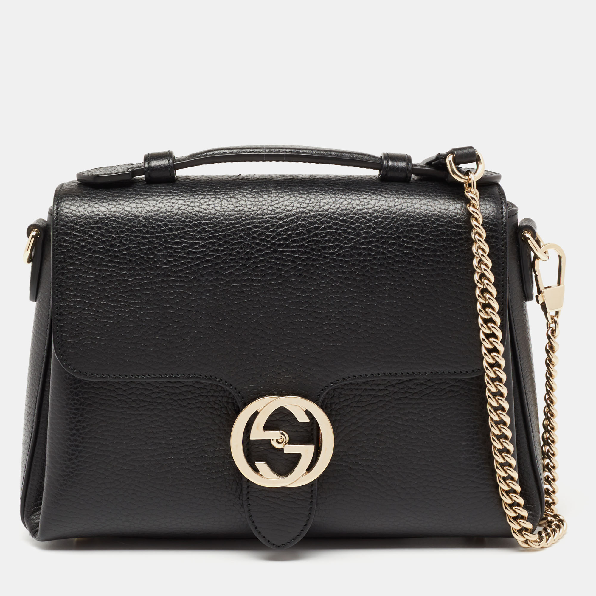 Gucci Black Leather Dollar Interlocking G Top Handle Bag | ModeSens