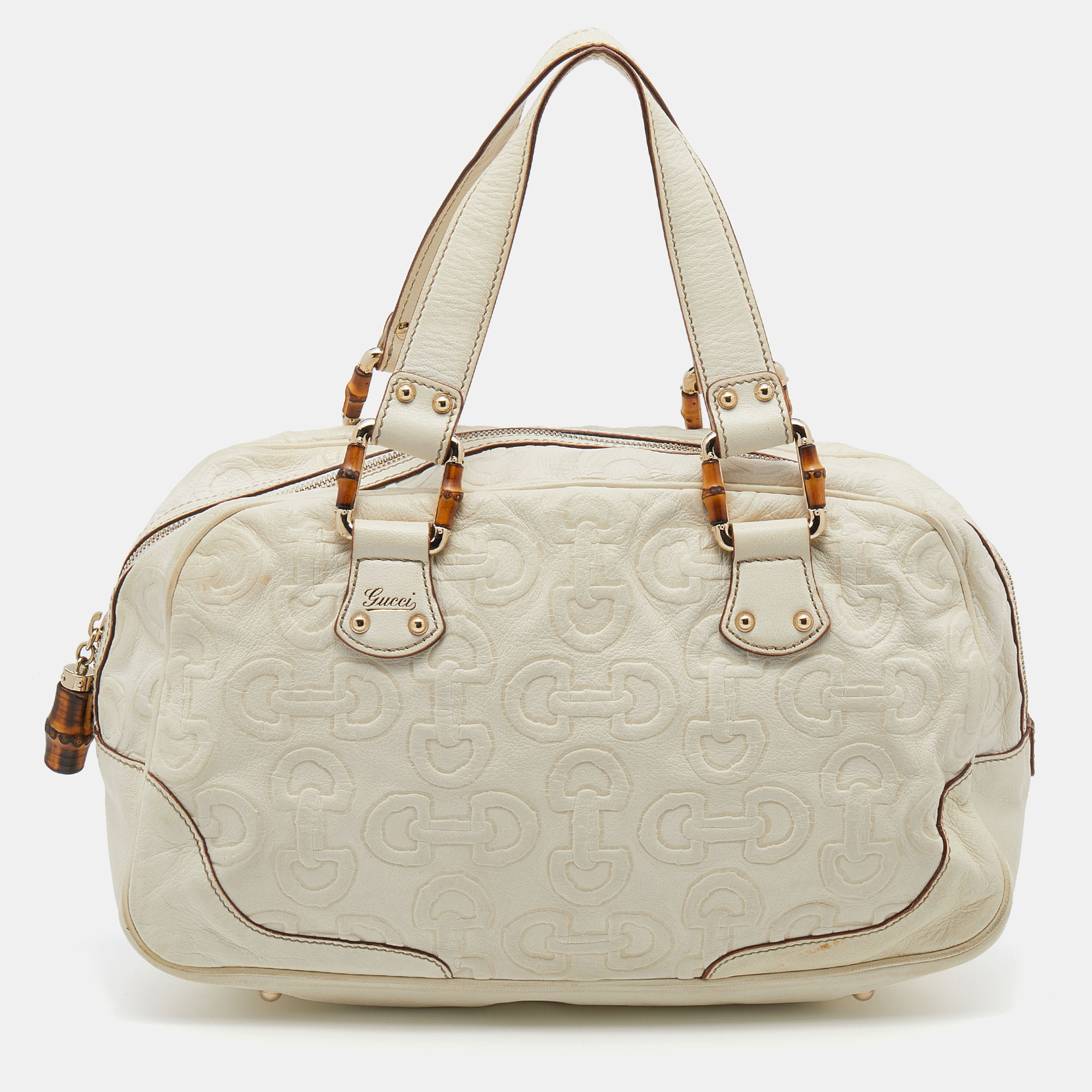 Preowned Gucci Cream Horsebit Embossed Leather Satchel ModeSens