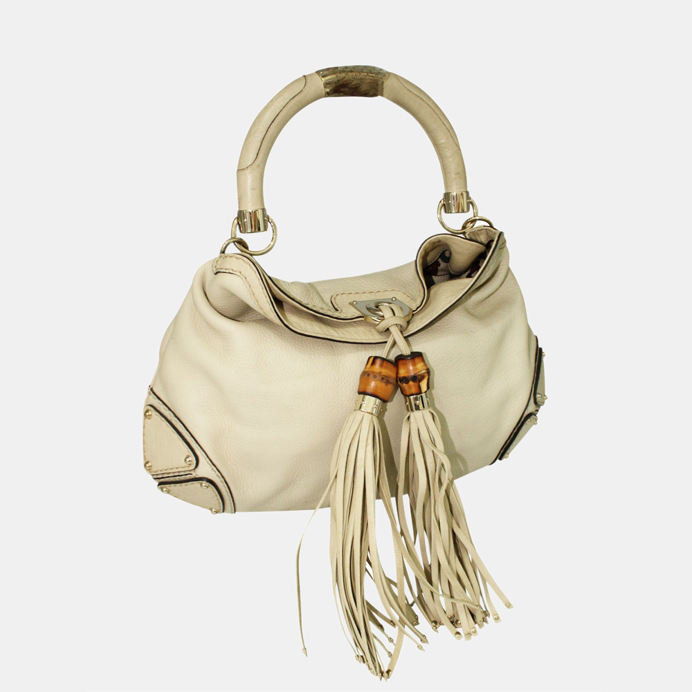 

Gucci Ivory Indy Bamboo Tassel Hobo Bag, White