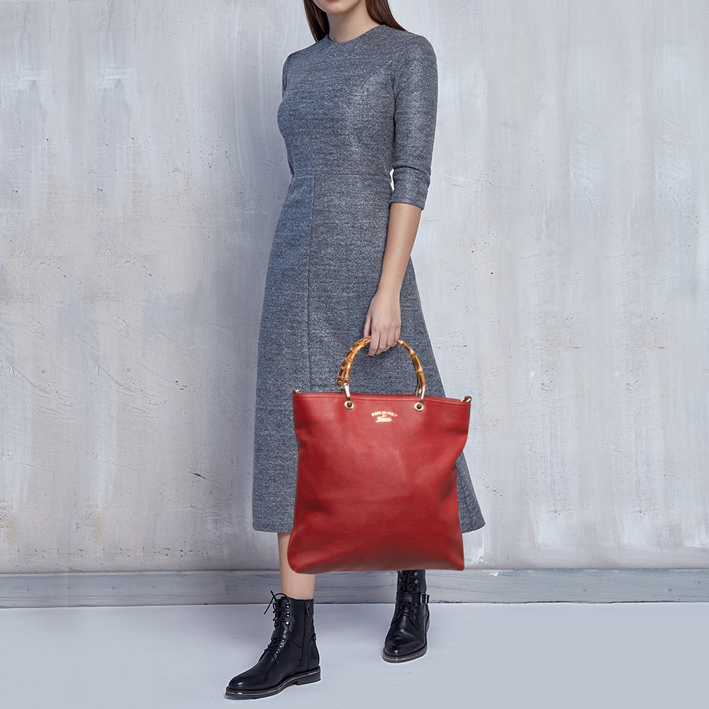 

Gucci Red Leather Bamboo Handle Tote