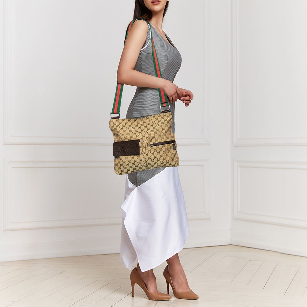 

Gucci Beige GG Canvas Medium Web Double Pocket Messenger Bag