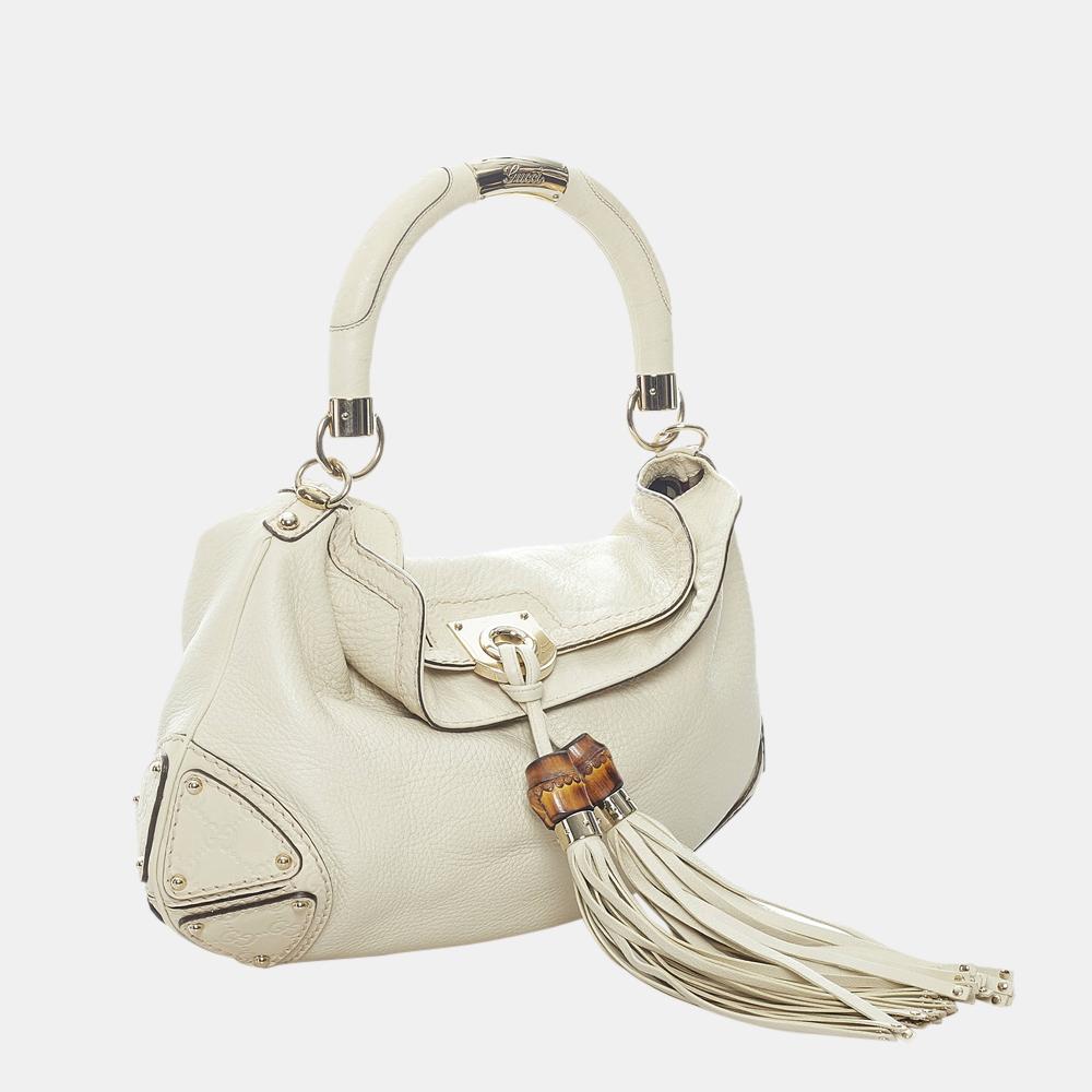 

Gucci White Bamboo Indy Leather Satchel