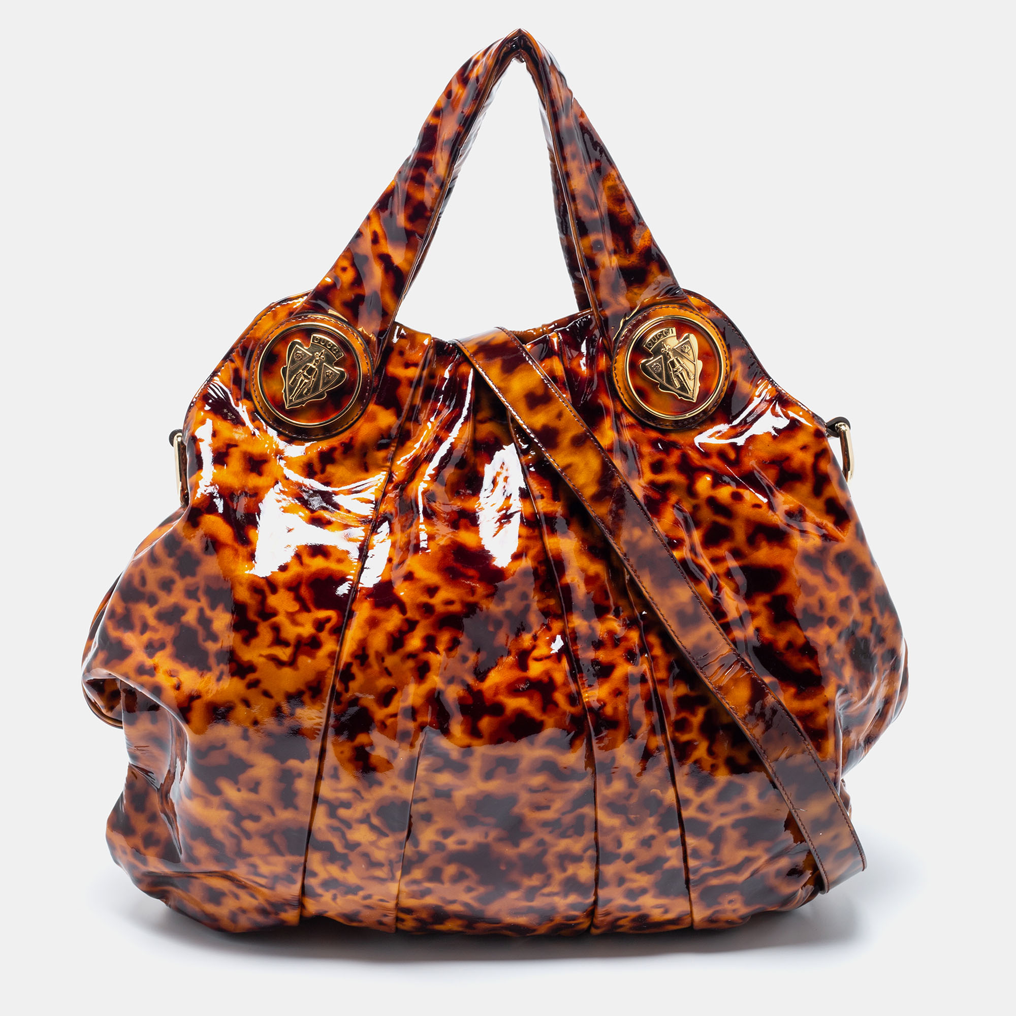 Pre-owned Gucci Brown/black Tortoise Shell Patent Leather Large Hysteria Hobo