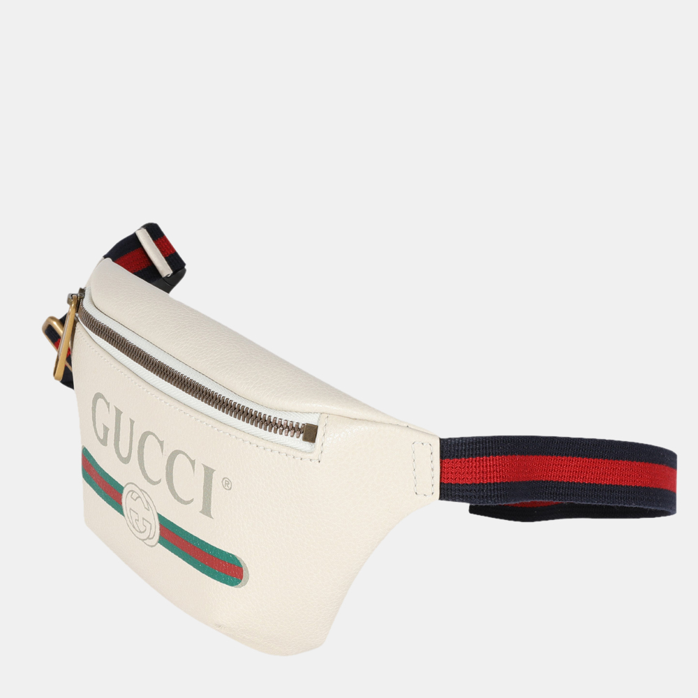 

Gucci White Grained Calfskin Leather Logo Print Web Small Belt Bag