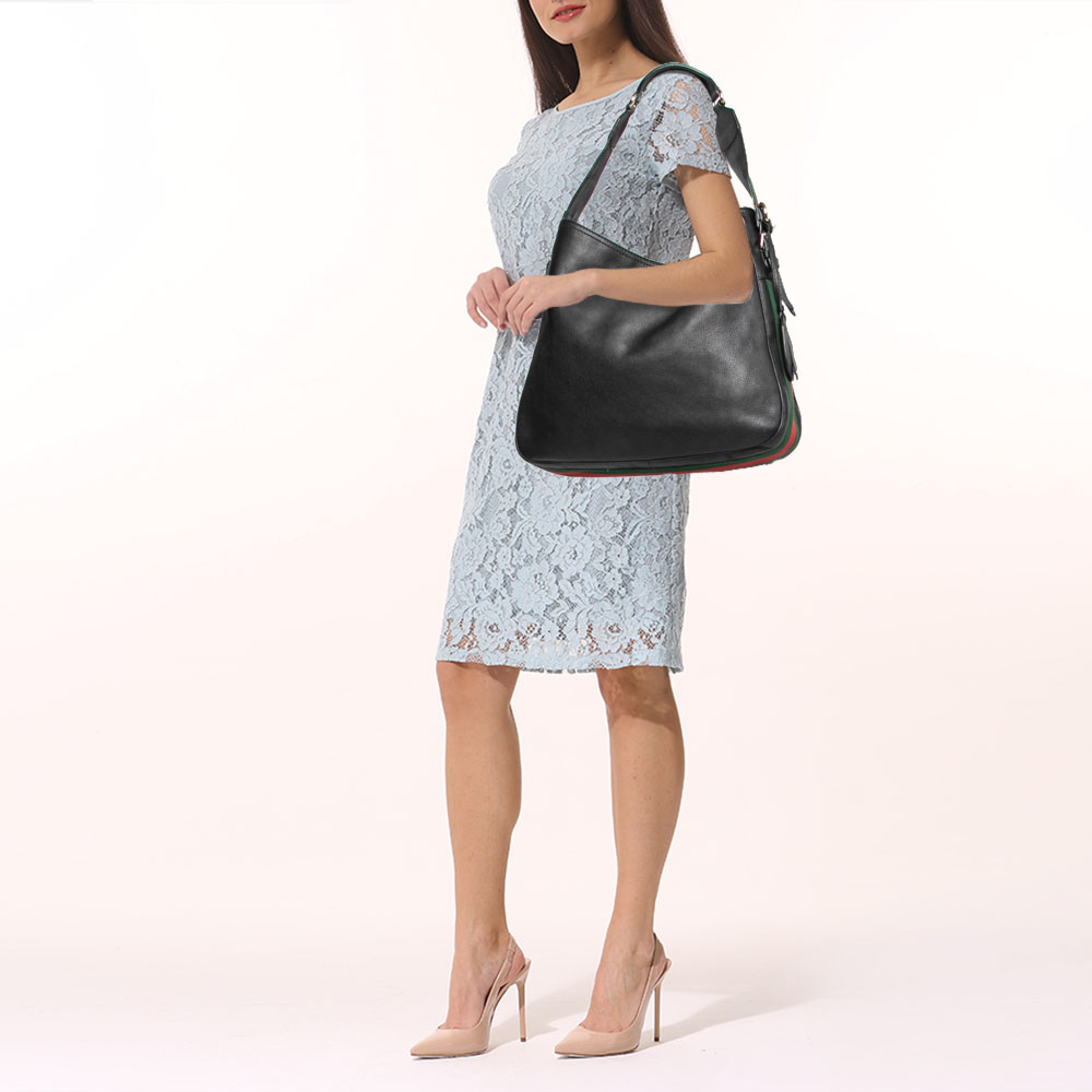 

Gucci Black Leather Gucci Heritage Web Striped Hobo