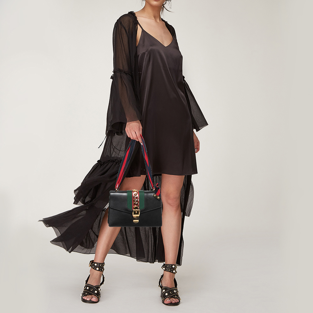 

Gucci Black Leather Small Web Sylvie Flap Shoulder Bag